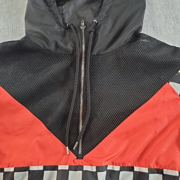 FOREVER 21 Jacket Womens Medium Black Red Check Mesh Windbreaker Hood 1/4 Zip - Picture 9 of 11